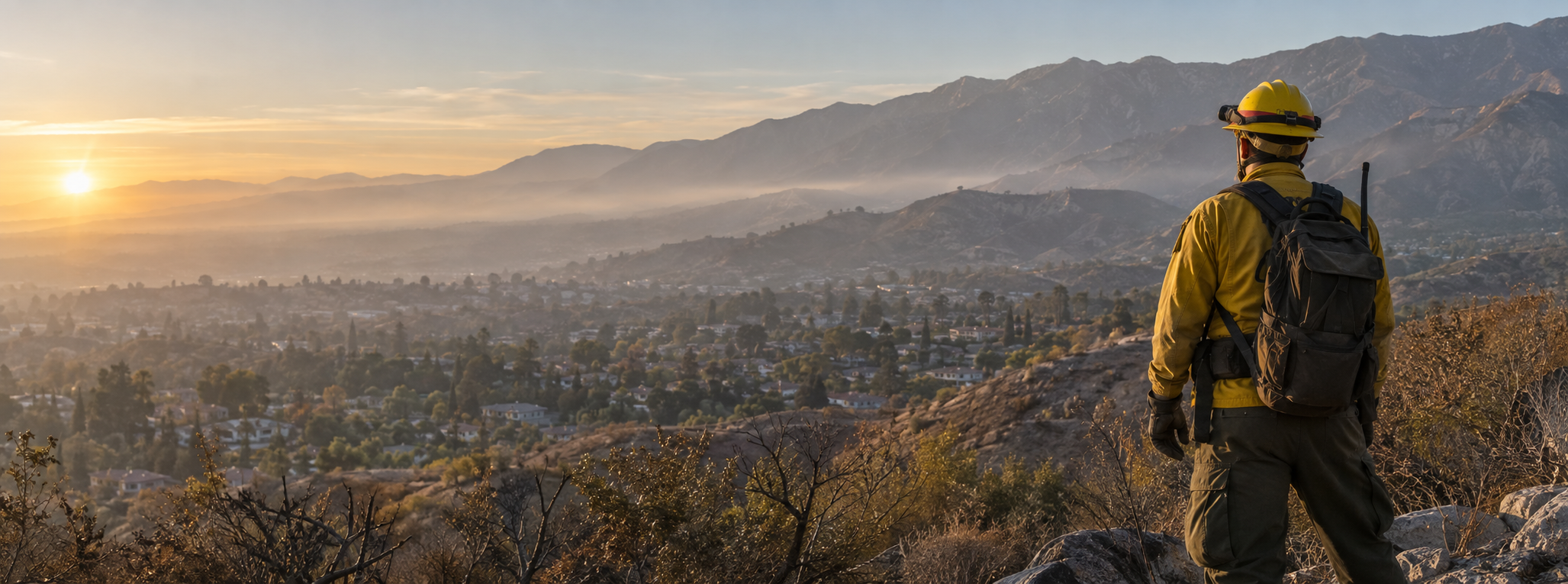 A lone wildland firefighter overlooking Altadena and the San Gabriel Mountains at sunrise