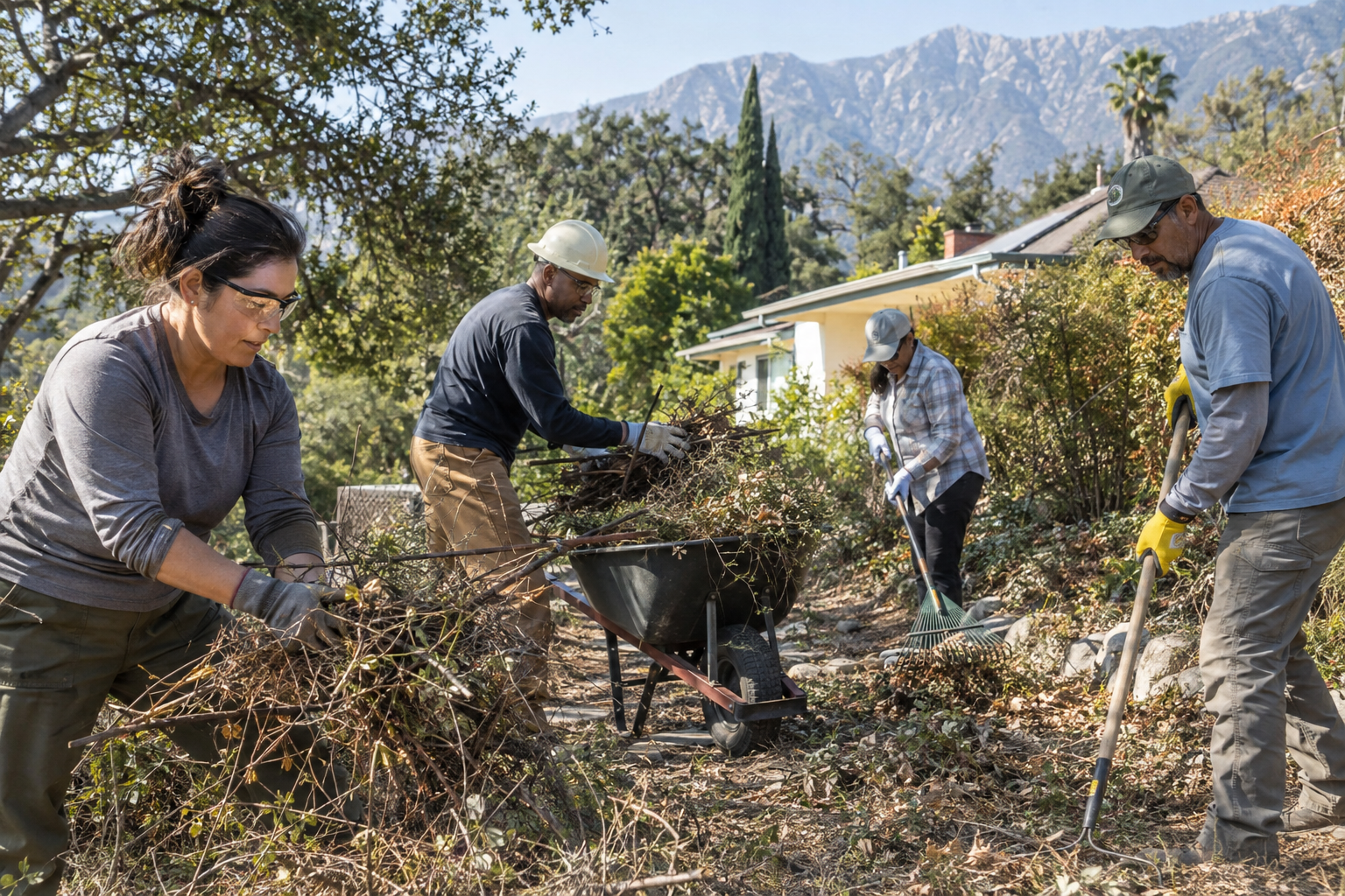 Community volunteers clear dry brush and collect vegetation near Altadena homes